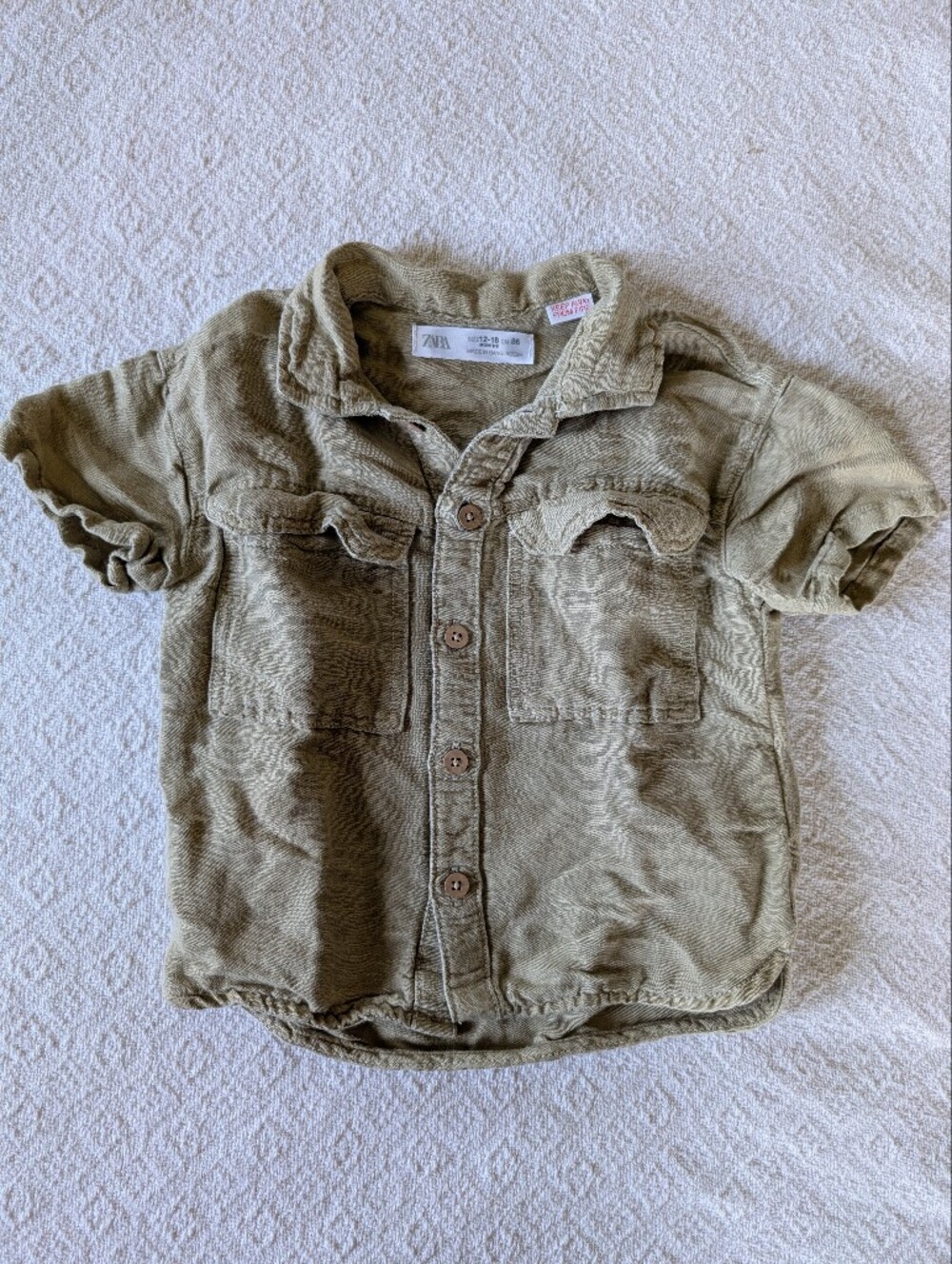 Zara Green Wood Button Short Sleeve Shirt Front Pocket Collared Baby 12-18 Month
